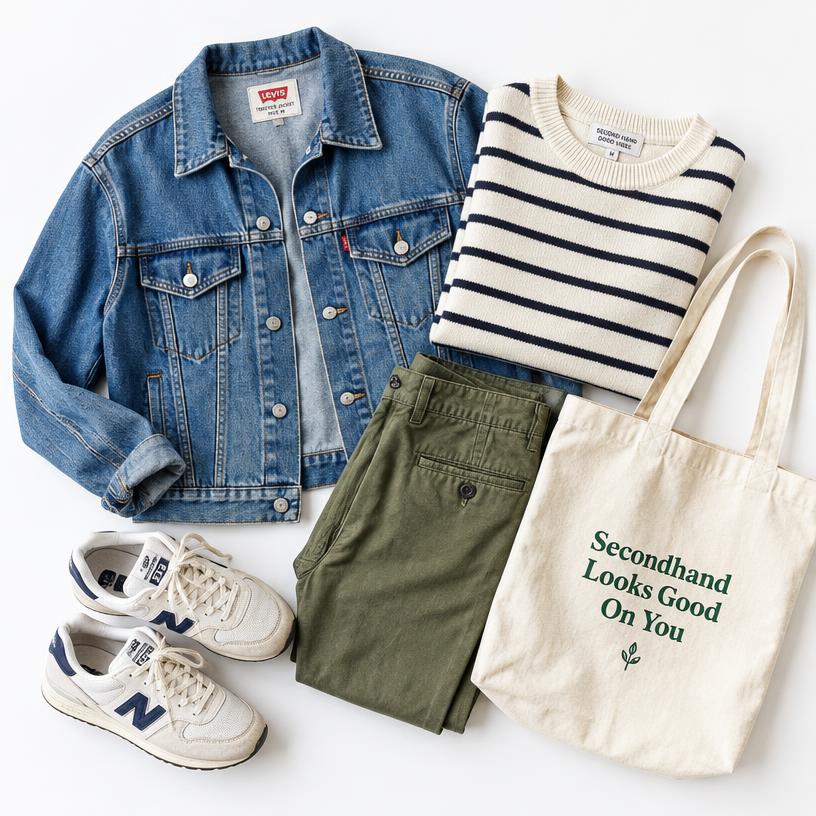 Preloved denim jacket, sweater, sneakers and tote