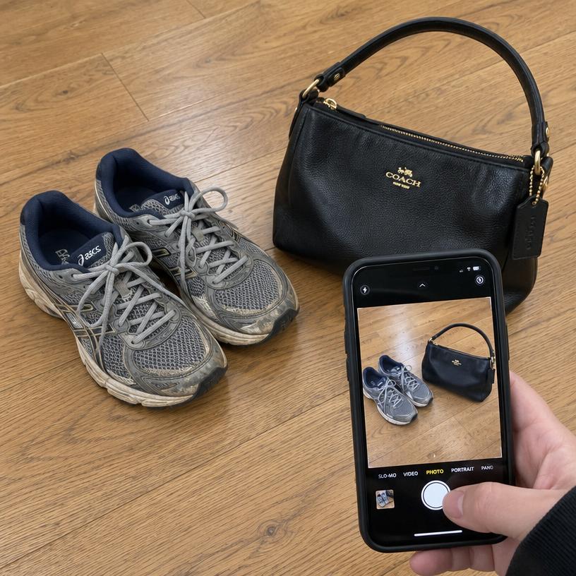 Taking a phone photo of shoes and a handbag to list