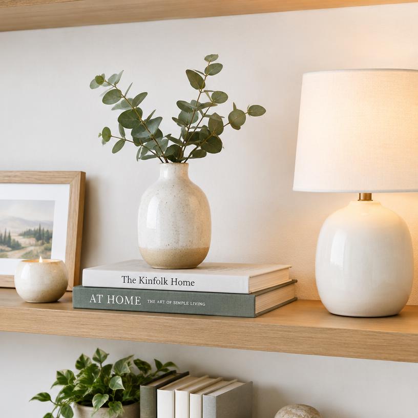Home decor items on a shelf